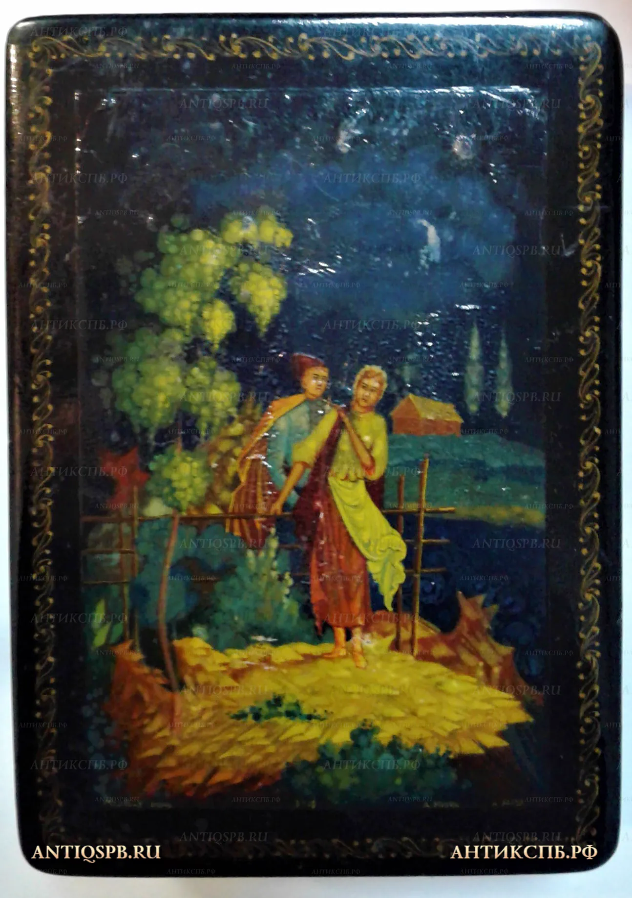 Шкатулка лаковая миниатюра "Майская ночь". Холуй. Роспись: А. Мухин. СССР. Сер. ХХ века. №21567